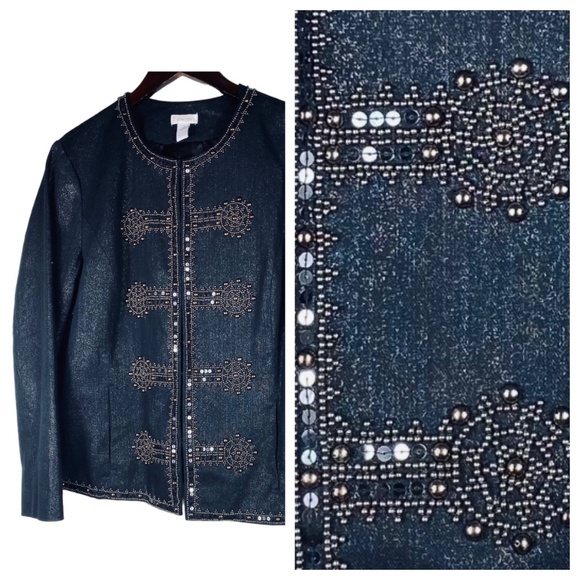 Chicos Sz 2 (Large 12 14) Jean Denim Jacket Coat Embellished Beaded Blue - Picture 1 of 4